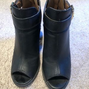 Black open toe heeled booties